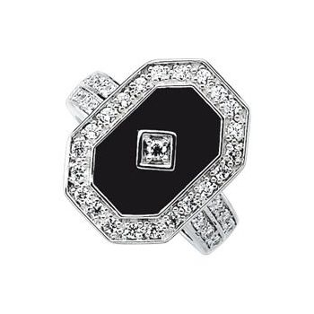 Sterling Silver Onyx and Cubic Zirconia Halo Style Ring Ref 2193199