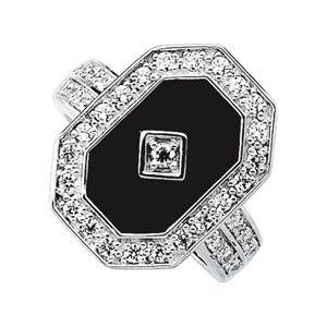 Sterling Silver Natural Black Onyx & Imitation White Cubic Zirconia Halo-Style Ring