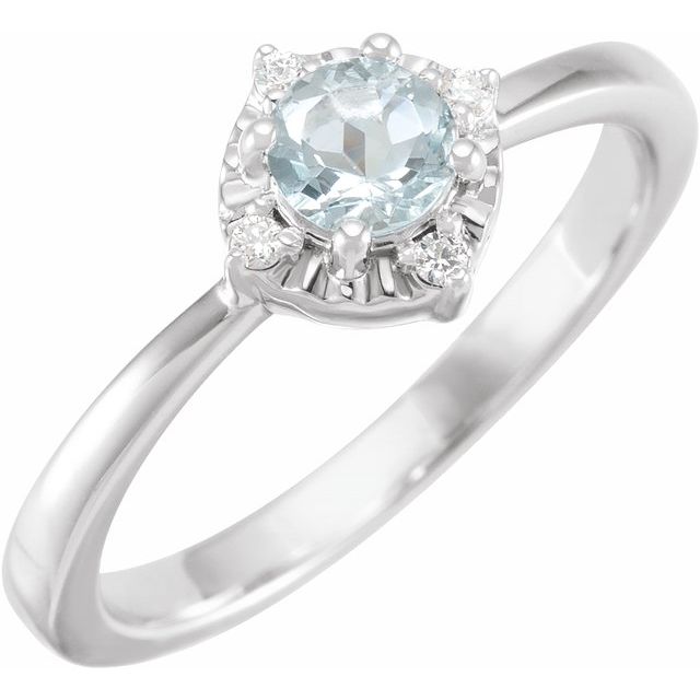 14K White Natural Aquamarine & .04 CTW Natural Diamond Halo-Style Ring