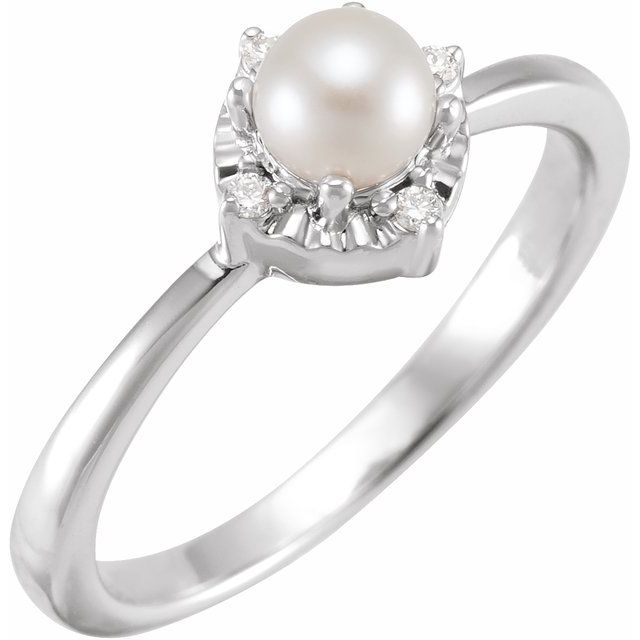 Sterling Silver Cultured White Freshwater Pearl & .04 CTW Natural Diamond Halo-Style Ring