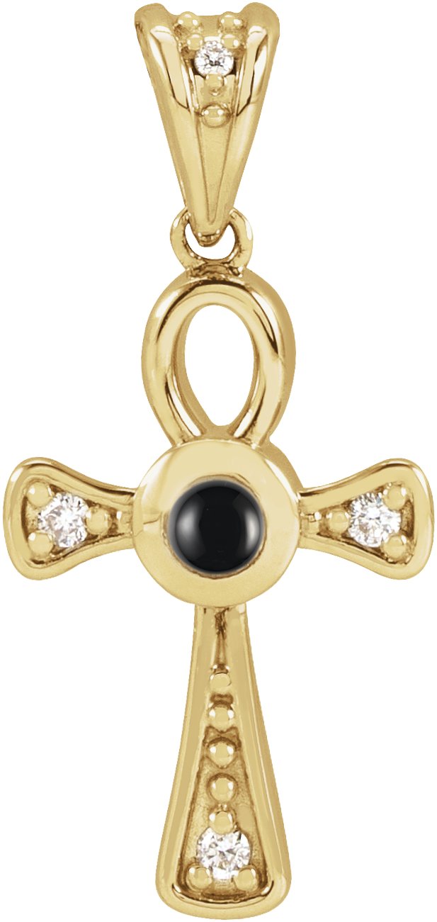 14K Yellow Natural Black Onyx & .04 CTW Natural Diamond Ankh Cross Pendant