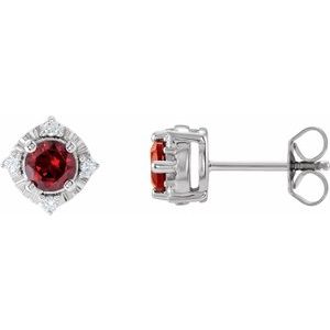 Sterling Silver Natural Mozambique Garnet & .08 CTW Natural Diamond Halo-Style Earrings
