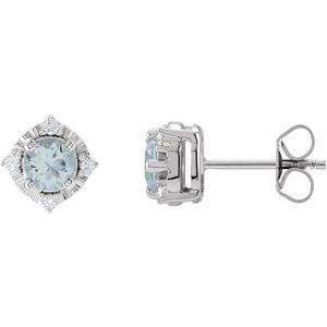 Sterling Silver Natural Aquamarine & .08 CTW Natural Diamond Halo-Style Earrings