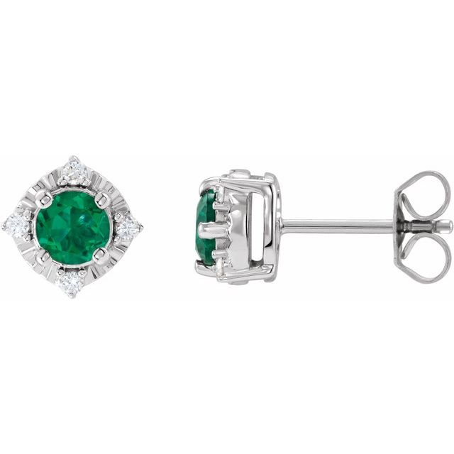 Sterling Silver Lab-Grown Emerald & .08 CTW Natural Diamond Halo-Style Earrings