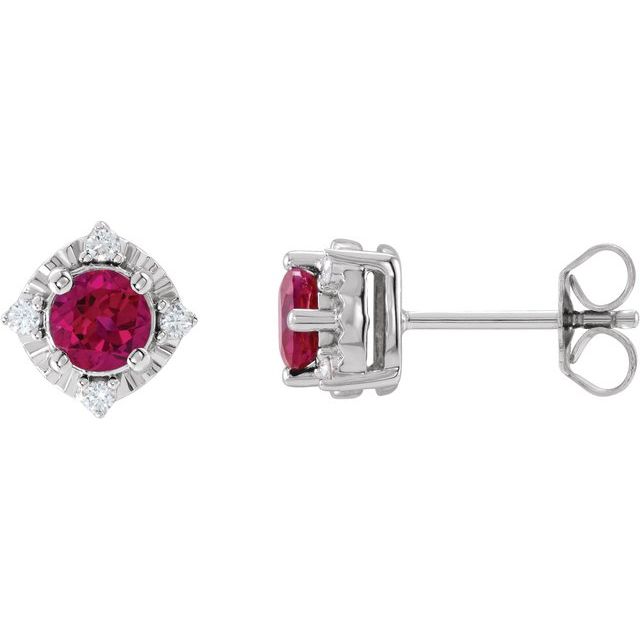 Sterling Silver Lab-Grown Ruby & .08 CTW Natural Diamond Halo-Style Earrings