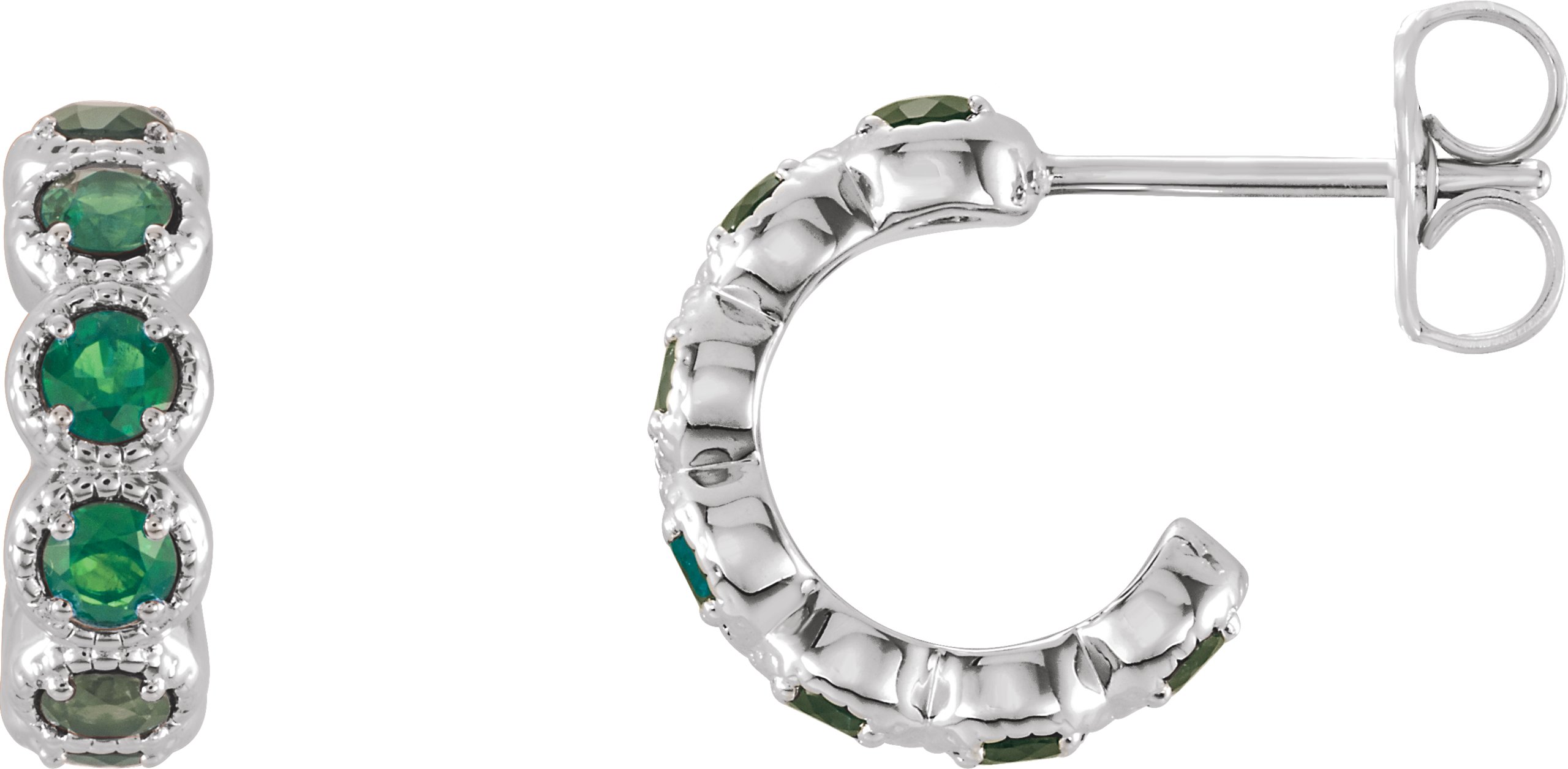 14K White Natural Emerald Hoop Earrings