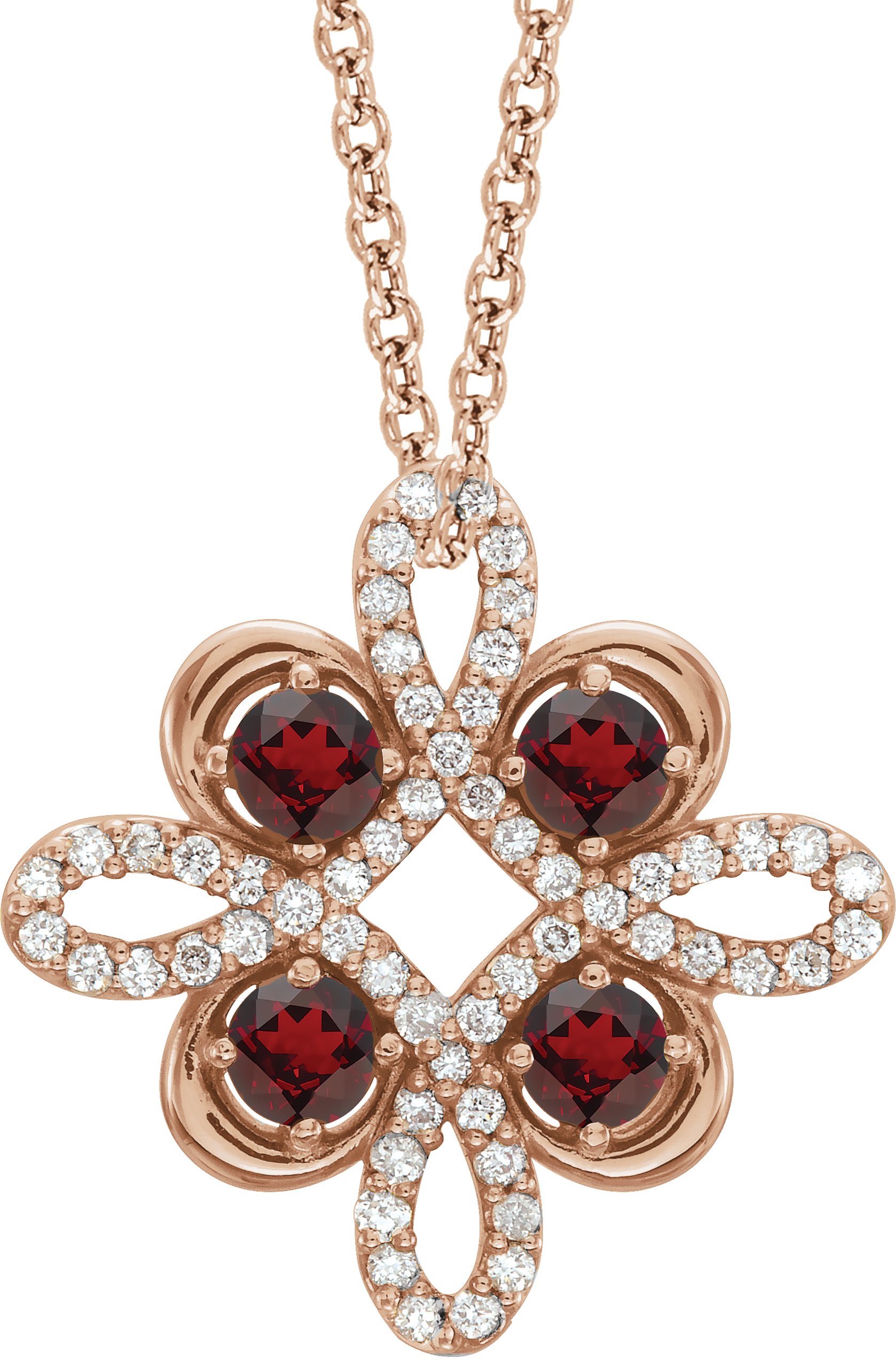 14K Rose Mozambique Garnet and .17 CTW Diamond Clover 18 inch Necklace Ref 14176188