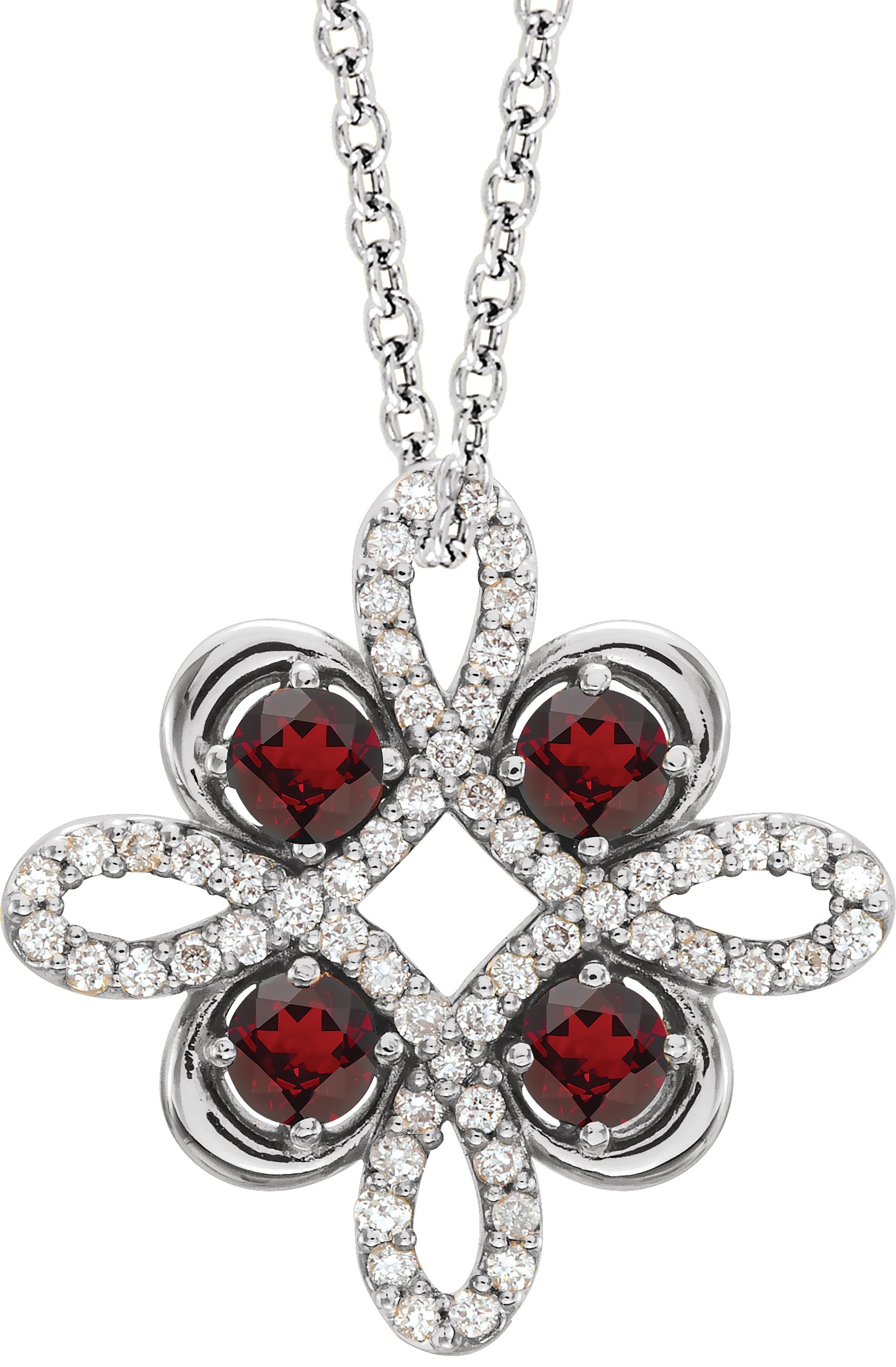 14K White Mozambique Garnet and .17 CTW Diamond Clover 18 inch Necklace Ref 14176186