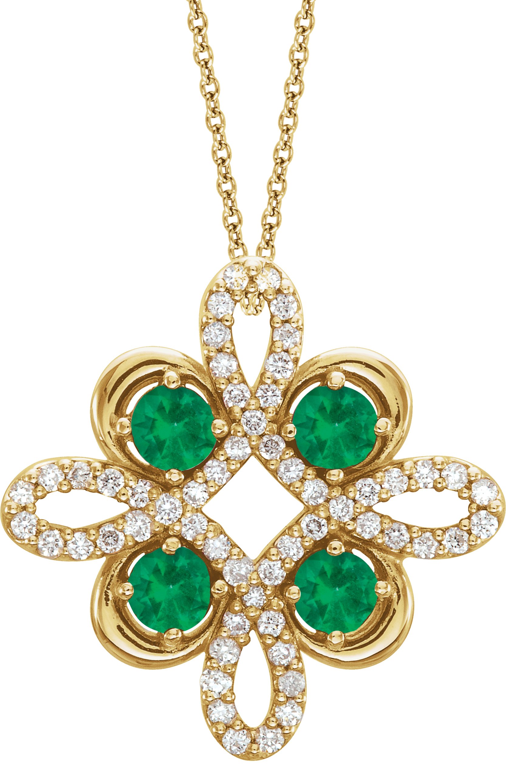 14K Yellow Chatham Created Emerald and .17 CTW Diamond Clover 18 inch Necklace Ref 14176207