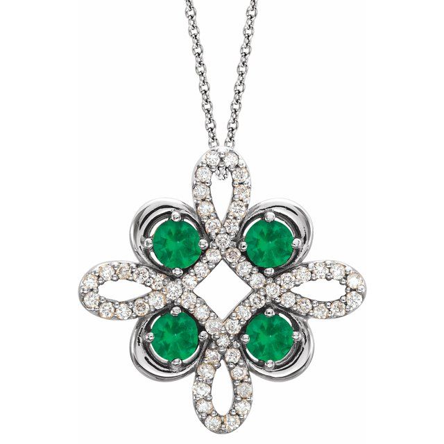 14K White Natural Emerald & 1/6 CTW Natural Diamond Clover 18