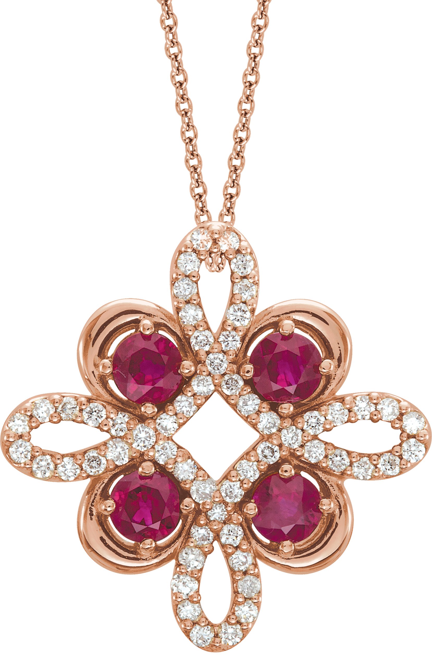 14K Rose Chatham Created Ruby and .17 CTW Diamond Clover 18 inch Necklace Ref 14176220