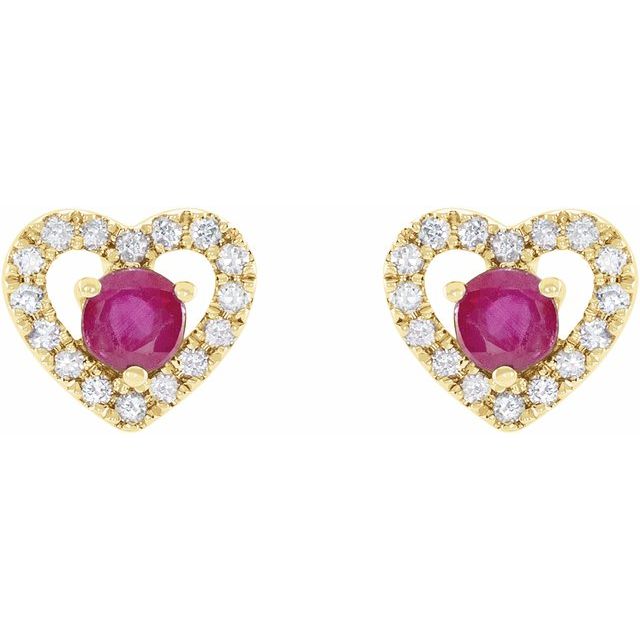 14K Yellow Natural Ruby & 1/10 CTW Diamond Heart Earrings