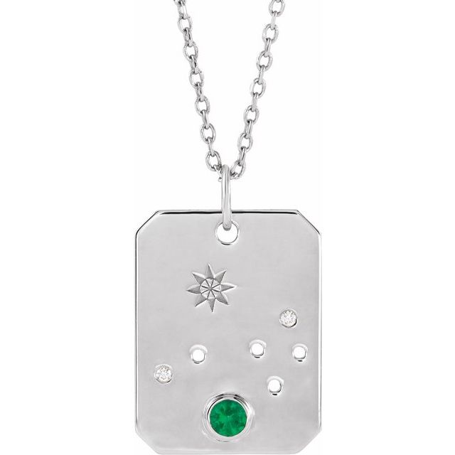 Sterling Silver Natural Emerald & .01 Natural Diamond Aries Constellation 16-18 Necklace
