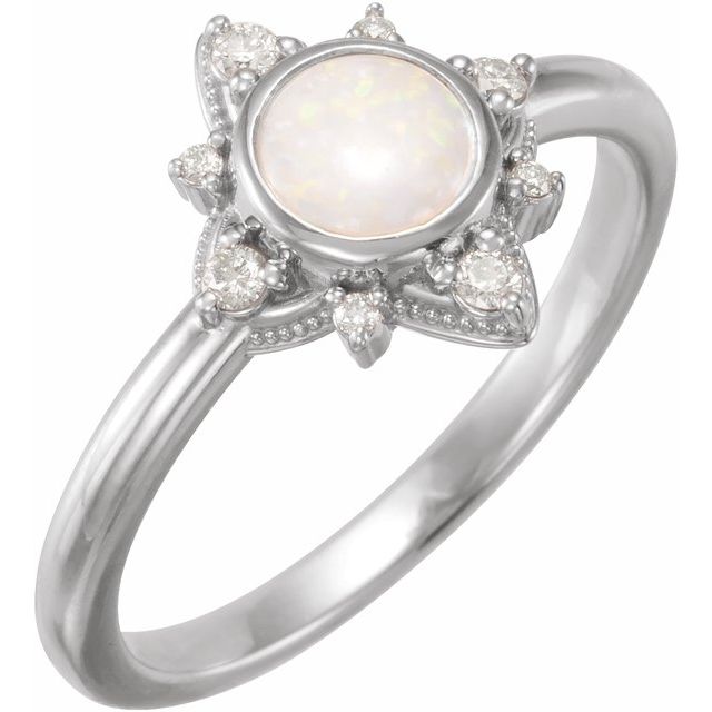 14K White Natural White Opal  & 1/10 CTW Natural Diamond Halo-Style Ring