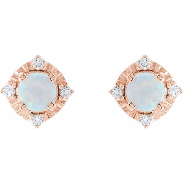 14K Rose Lab-Grown White Opal & .08 CTW Natural Diamond Halo-Style Earrings