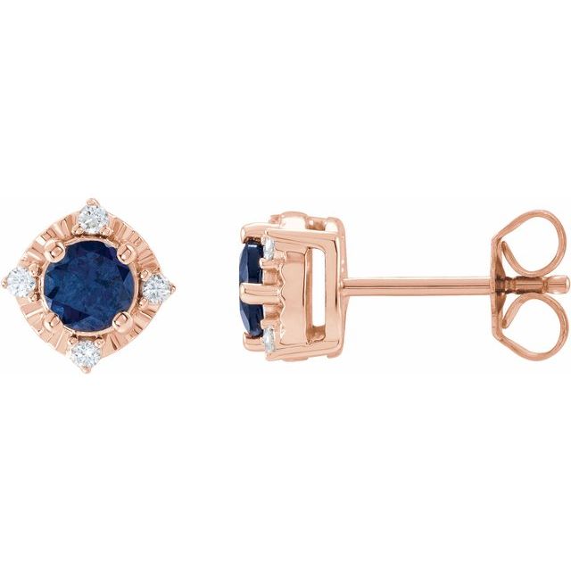 14K Rose Lab-Grown Blue Sapphire & .08 CTW Natural Diamond Halo-Style Earrings