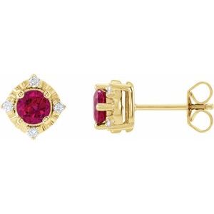 14K Yellow Lab-Grown Ruby & .08 CTW Natural Diamond Halo-Style Earrings