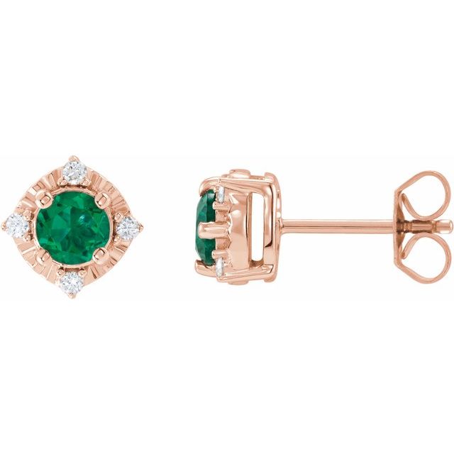 14K Rose Lab-Grown Emerald & .08 CTW Natural Diamond Halo-Style Earrings