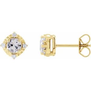 14K Yellow Natural White Sapphire & .08 CTW Natural Diamond Halo-Style Earrings