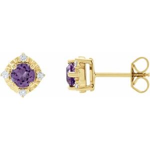 14K Yellow Natural Amethyst & .08 CTW Natural Diamond Halo-Style Earrings