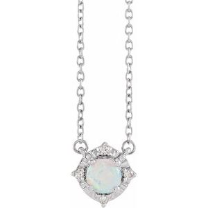 14K White Lab-Grown White Opal & .04 CTW Natural Diamond Halo-Style 18" Necklace