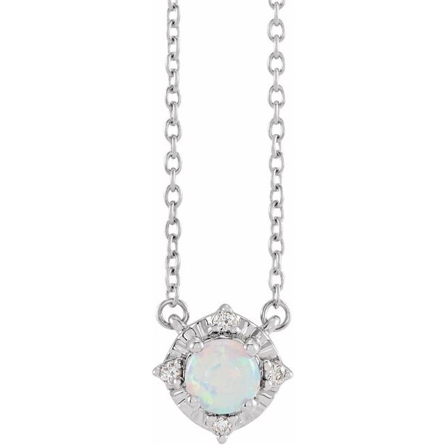 14K White Lab-Grown White Opal & .04 CTW Natural Diamond Halo-Style 18" Necklace