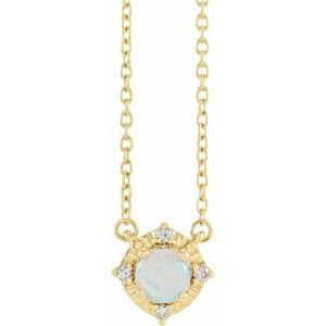 14K Yellow Lab-Grown White Opal & .04 CTW Natural Diamond Halo-Style 18" Necklace