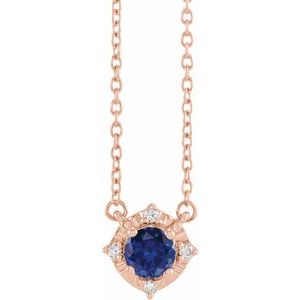 14K Rose Lab-Grown Blue Sapphire & .04 CTW Natural Diamond Halo-Style 18" Necklace