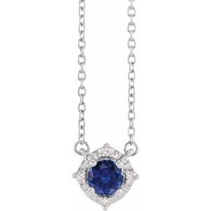 14K White Lab-Grown Blue Sapphire & .04 CTW Natural Diamond Halo-Style 18" Necklace