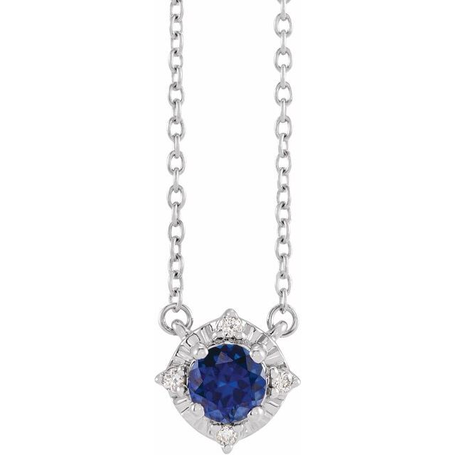 Sterling Silver Lab-Grown Blue Sapphire & .04 CTW Natural Diamond Halo-Style 18" Necklace