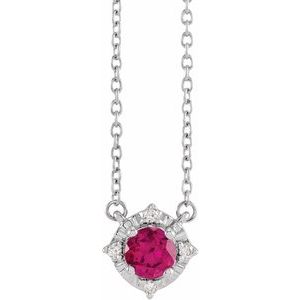 14K White Lab-Grown Ruby & .04 CTW Natural Diamond Halo-Style 18" Necklace