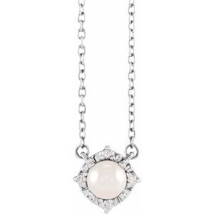 Sterling Silver Cultured White Freshwater Pearl & .04 CTW Natural Diamond Halo-Style 18" Necklace