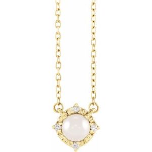 14K Yellow Cultured White Freshwater Pearl & .04 CTW Natural Diamond Halo-Style 18" Necklace