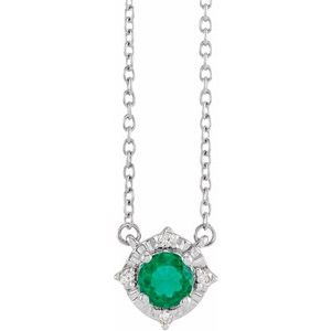 14K White Lab-Grown Emerald & .04 CTW Natural Diamond Halo-Style 18" Necklace