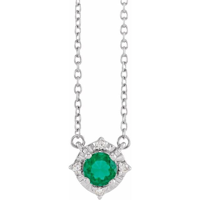 Sterling Silver Lab-Grown Emerald & .04 CTW Natural Diamond Halo-Style 18 Necklace