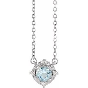 Sterling Silver Natural Aquamarine & .04 CTW Natural Diamond Halo-Style 18" Necklace