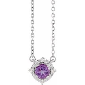 14K White Natural Amethyst & .04 CTW Natural Diamond Halo-Style 18" Necklace