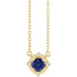 14K Yellow Lab-Grown Blue Sapphire & .04 CTW Natural Diamond Halo-Style 18" Necklace