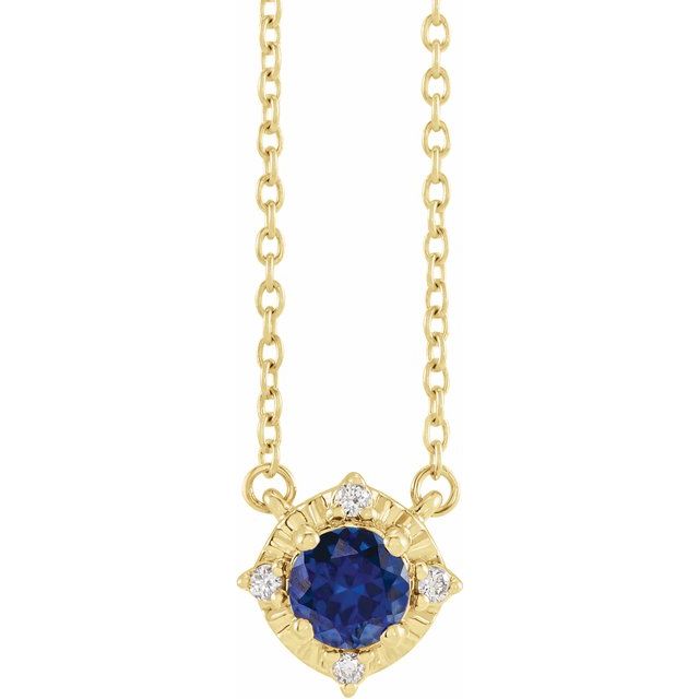 14K Yellow Lab-Grown Blue Sapphire & .04 CTW Natural Diamond Halo-Style 18 Necklace