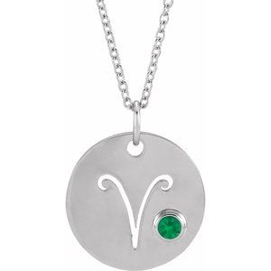 Sterling Silver Natural Emerald Aries Zodiac 16-18" Necklace