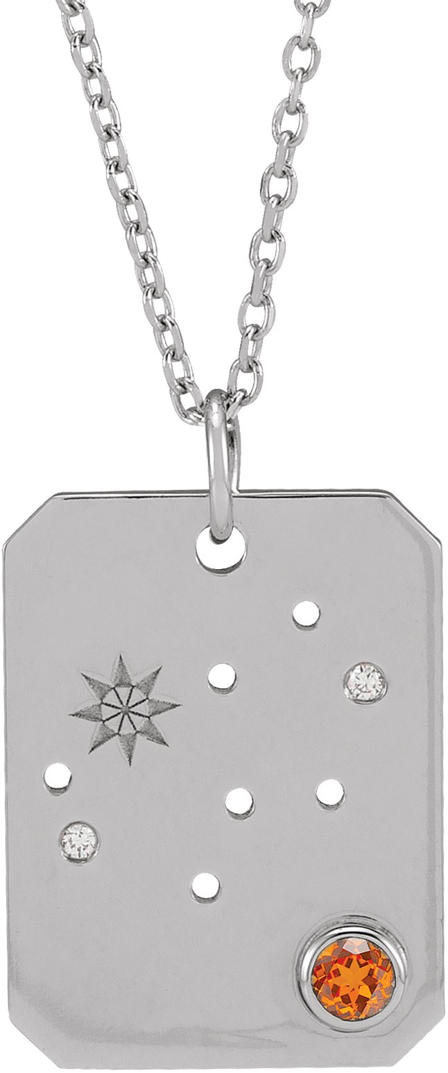 Sterling Silver Natural Spessartite Garnet & .01 CTW Natural Diamond Virgo Constellation 16-18" Necklace