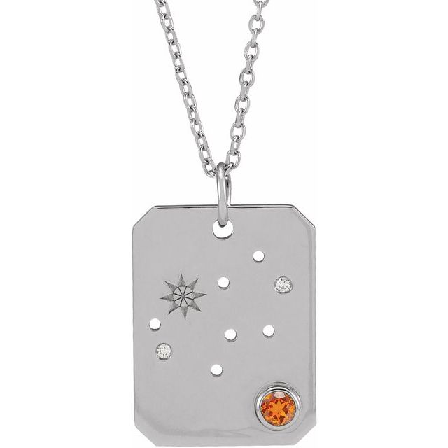 Sterling Silver Natural Orange Garnet & .0075 CTW Natural Diamond Virgo Zodiac Constellation 16-18 Necklace