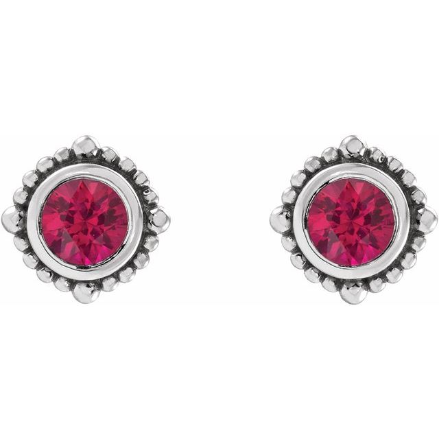 14K White 3 mm Natural Ruby Beaded Halo-Style Earrings