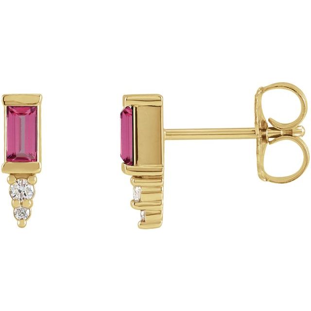 14K Yellow Natural Pink Tourmaline & .03 CTW Natural Diamond Bar Earrings