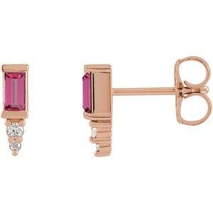 14K Rose Natural Pink Tourmaline & .03 CTW Natural Diamond Bar Earrings