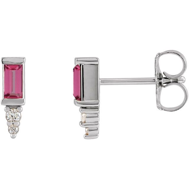 14K White Natural Pink Tourmaline & .03 CTW Natural Diamond Bar Earrings