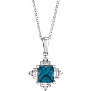 14K White Natural London Blue Topaz & 1/5 CTW Natural Diamond Geometric 16-18" Necklace