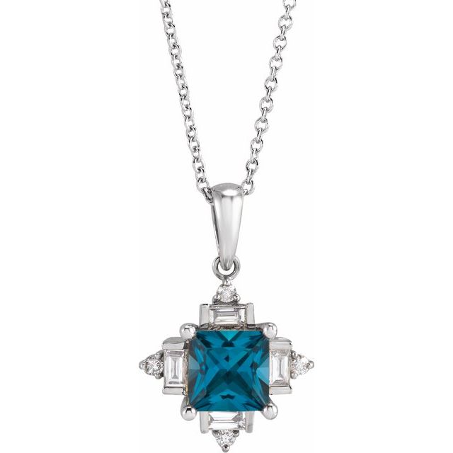 14K White Natural London Blue Topaz & 1/5 CTW Natural Diamond Geometric 16-18 Necklace