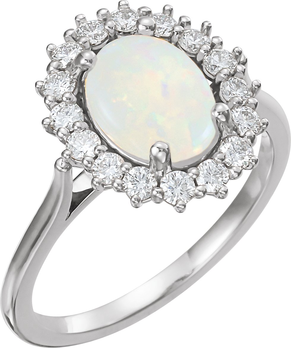 14K White Natural White Opal & 3/8 CTW Natural Diamond Ring