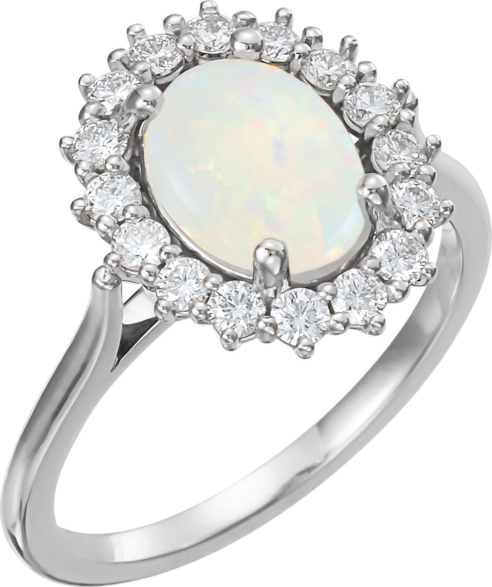 14K White Natural White Opal & 1/2 CTW Natural Diamond Ring